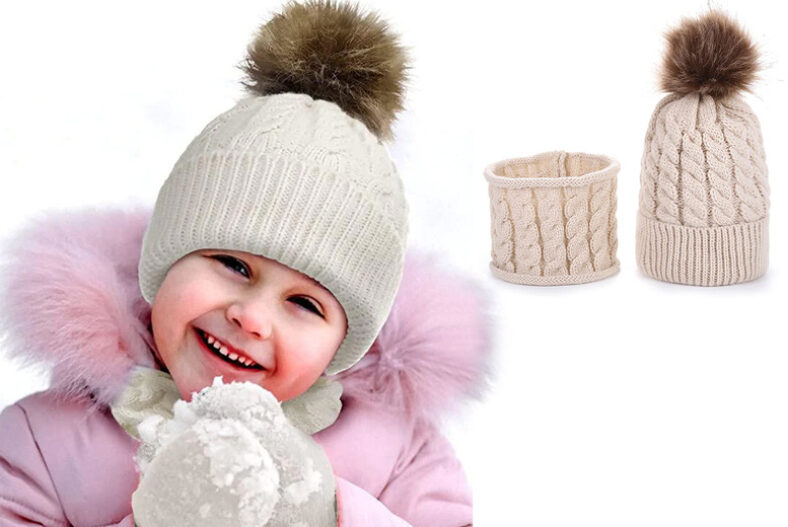 Kids Knitted Pompom Beanie Hat & Warm Scarf – 5 Colours! £4.49 instead of £29.99