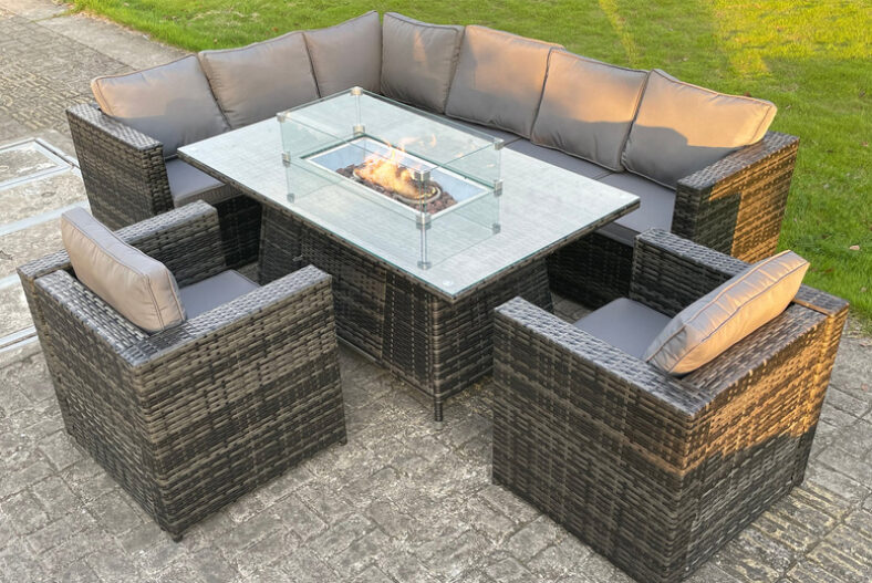 8 Seater Rattan Garden Furniture Set With Fire Pit Table – Left or Right Corner £899.00 instead of £2499.99