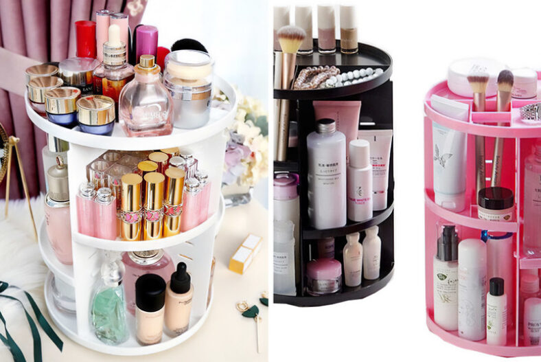 £13.99 instead of £34.99 for a 360 degree rotating beauty makeup organiser in black, pink or white from Pollyjoy – save 60%