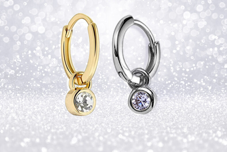Pure Silver Hoop Huggie Earrings with Crystal Pendant – Gold & Silver Options £11.99 instead of £29.99