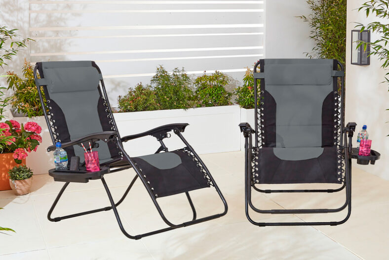 £79 instead of £194.94 for two lightweight lounge chairs with drink and phone trays in two colour options from Neo Deals – save 59%
