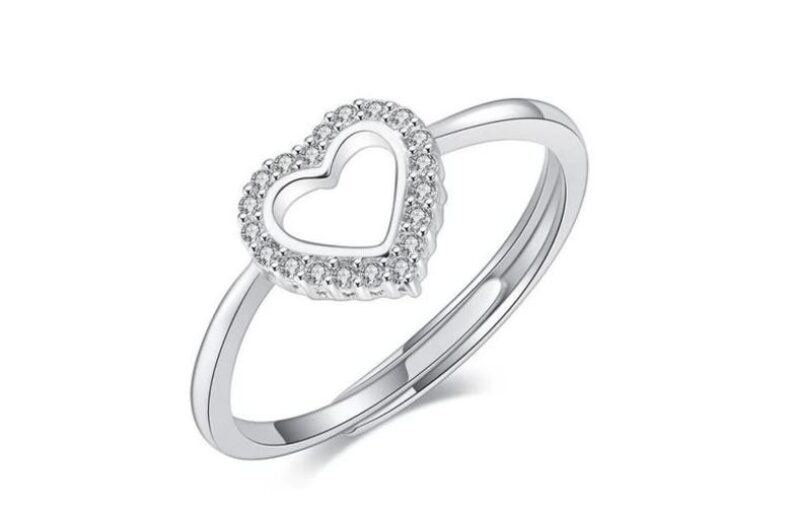 925 Sterling Silver Cubic Zirconia Heart Open Ring – Adjustable! £12.00 instead of £49.00