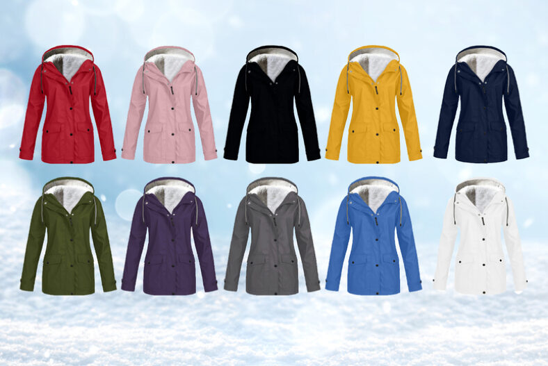 £16.99 instead of £59.90 for a women’s waterproof hooded jacket in white, pink, yellow, red, purple, grey, black, navy blue, army green and blue and UK sizes 10-18 from Whoop Trading – save 72%