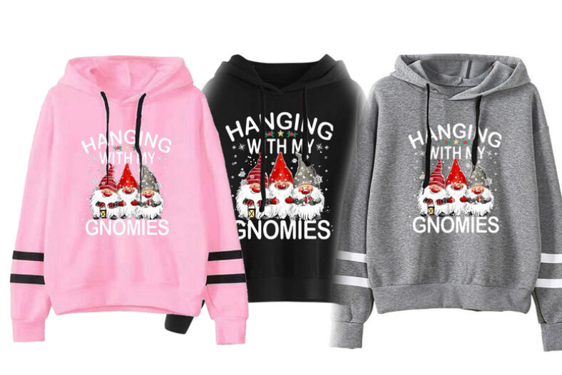 £10.99 instead of £39.99 for a women’s ‘Hangin’ With My Gnomies’ hooded Christmas jumper in white, pink, grey, black, dark green or red and UK sizes 6-14 from Supertrendinuk – save 73%
