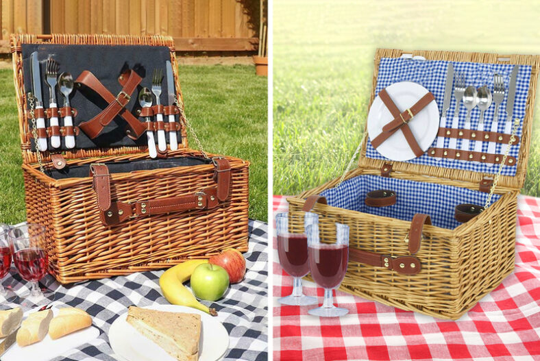 £32.99 instead of £99.99 for a two person wicker picnic hamper with cutlery and glasses or £37.99 for a four person picnic hamper from direct2publik – save up to 67%