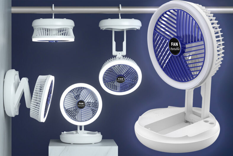 Folding Rechargeable Fan with LED Light – Blue or Grey! £19.99 instead of £59.99