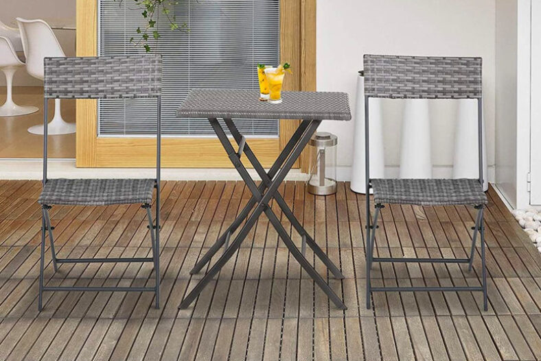 £84 instead of £199.99 for a brown polyrattan garden furniture set including two chairs and a table or £99 for a grey and black set from mHstar – save up to 58%
