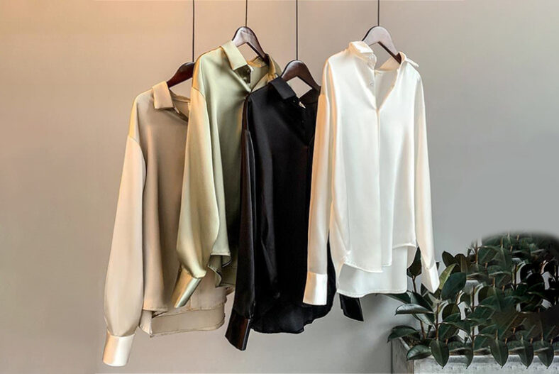 Ladies Long Sleeve Satin Shirt – 5 UK Sizes & 4 Colours £7.99 instead of £39.99