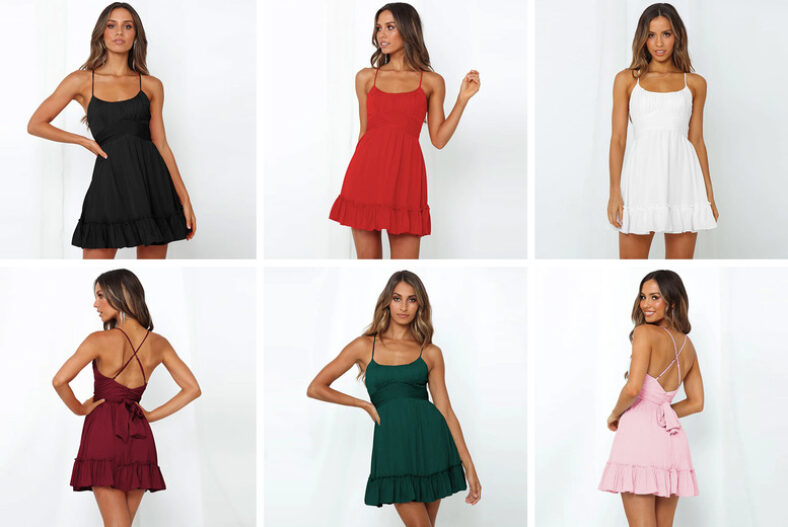 £13.99 instead of £29.99 for a women’s mini ruffle backless dress in black, white, red, claret, pink or green in UK sizes 8-14 from Shop In Store – save 53%