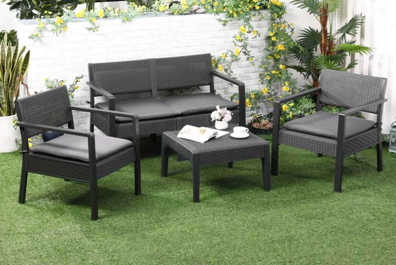 4-Seater Grey Rattan Garden Sofa and Table Set with Cushions £249.00 instead of £383.99