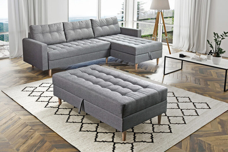 £579 instead of £1299 for an Oslo corner lounge sofa bed with an ottoman in blue, black or grey from Fursale – save 55%