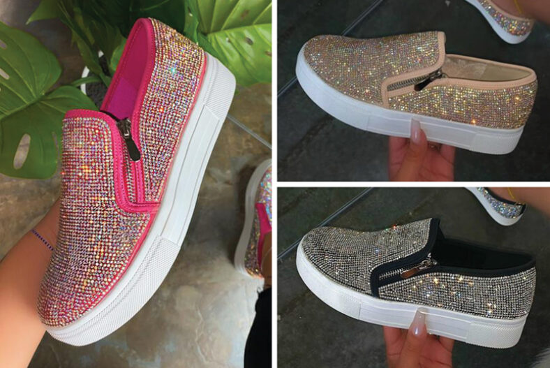 Women’s Bling Crystal Slip On Trainers – Pink, Gold or Silver £22.99 instead of £39.99
