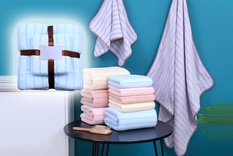 Soft Striped Bath Towel & Towel Set – Blue, Pink & More £9.99 instead of £19.99