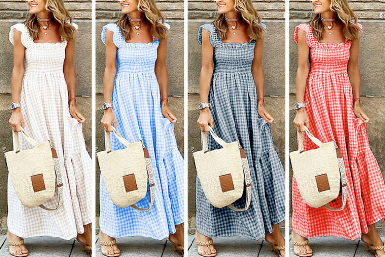 Women’s Casual Gingham Ruffle Maxi Dress – 4 Colours £12.99 instead of £29.99