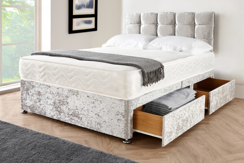 Silver Crushed Velvet Divan Bed Set with Headboard – with Storage Options £79.00 instead of £255.99