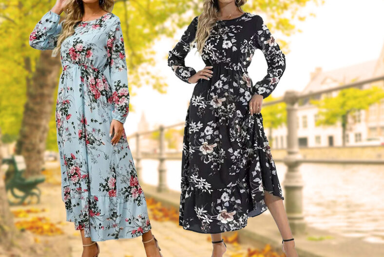 Womens Long Sleeve Floral Print Swing Maxi Dress in 4 Sizes £10.99 instead of £29.99