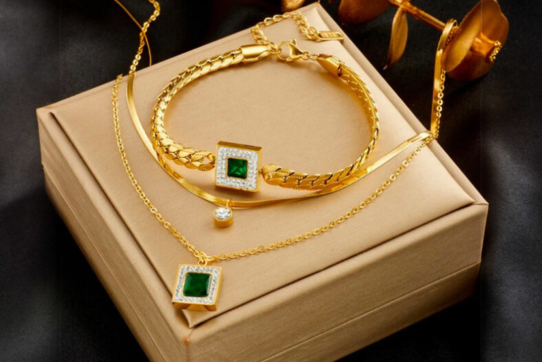 Luxury Gold-Plated and Emerald High-Quality Jewellery Set £14.99 instead of £38.99