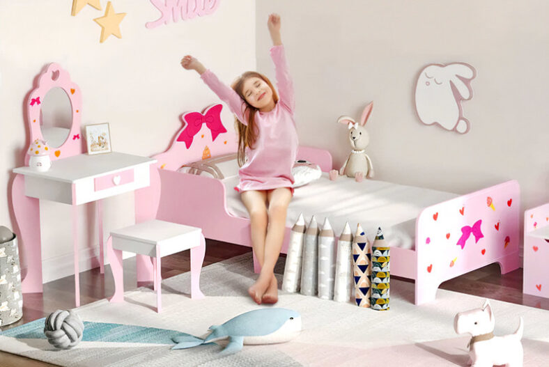 Kids Pink 4in1 Bedroom Furniture Bundle – Bed, Toy Box and More £29.00 instead of £65.99