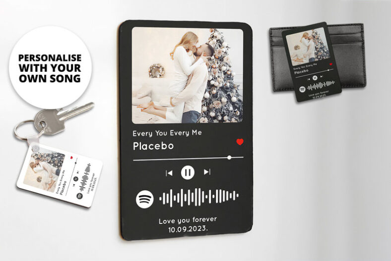 £8.99 instead of £19.98 for a two-pack personalised Spotify keepsake or £14.99 for a pack of four from Personalised Gift Markets – save up to 55%