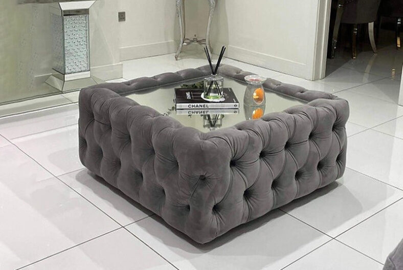Grey Velvet Chesterfield Luxury Glass Top Coffee Table £199.00 instead of £299.00