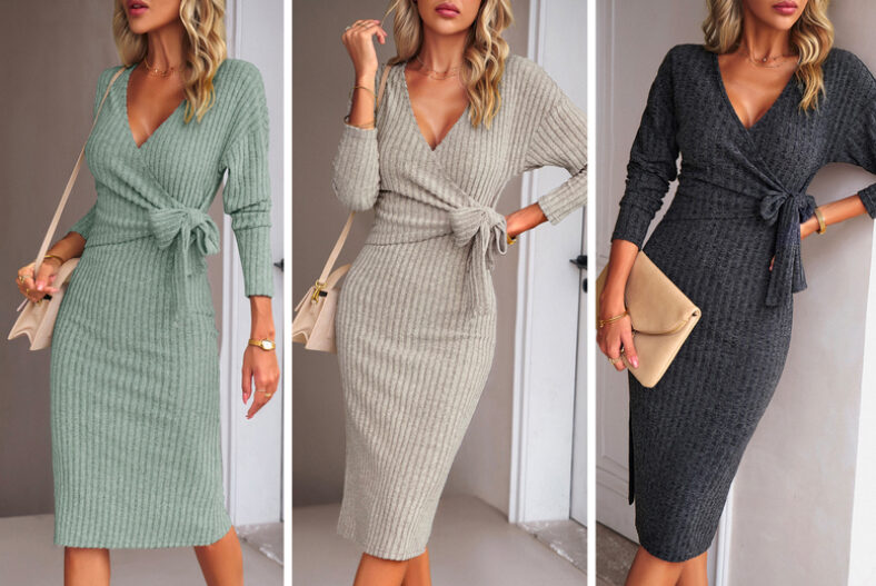 V-neck Long-sleeved Knitted Strappy Dress – 4 Colours! £14.99 instead of £25.99