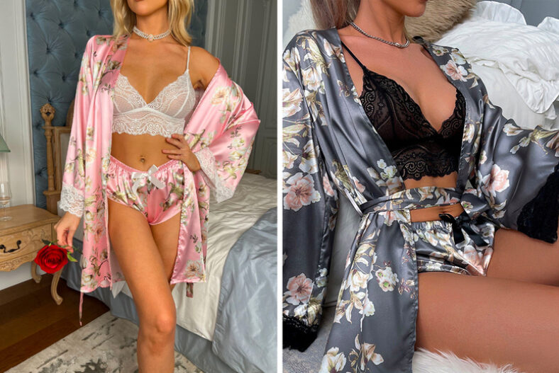 Women’s 3Pcs Satin Lace Floral Pajamas – 8 Sizes! £12.99 instead of £29.99