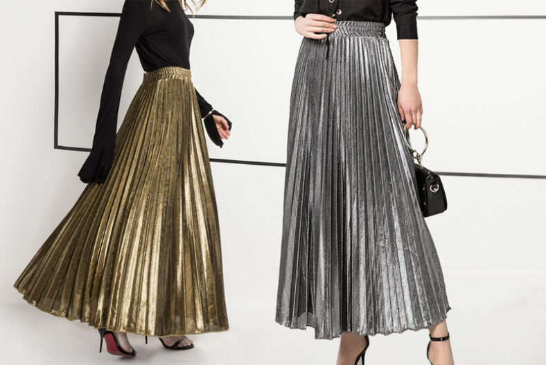 £13.99 instead of £29.99 for a Women’s Metallic Pleated Maxi Skirt from UK Dream Store – save 53%