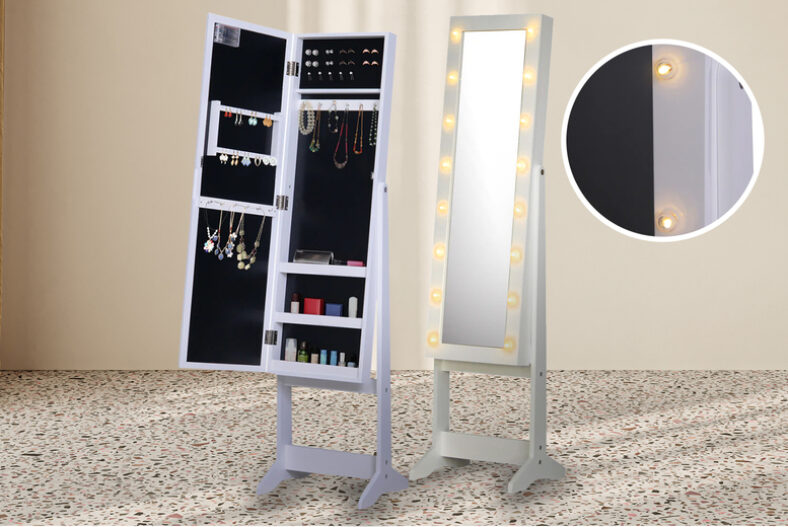 Floor Standing LED Mirrored Jewellery Cabinet in White £69.00 instead of £100.99