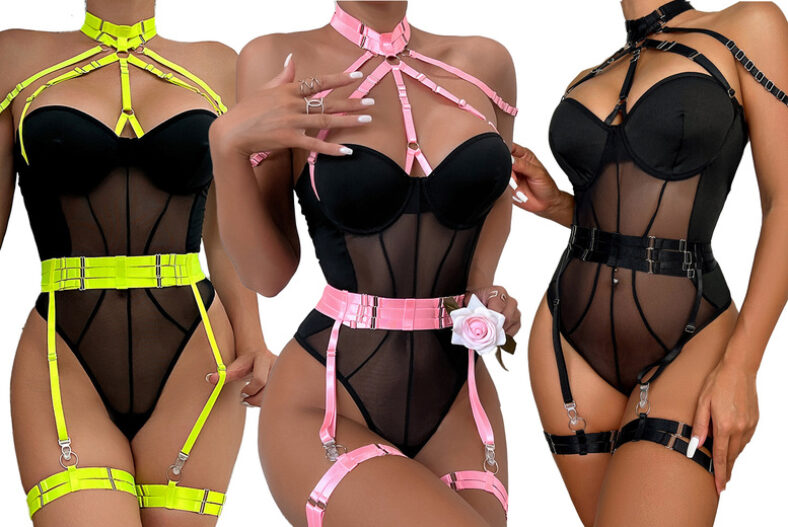 £12.99 instead of £24.99 for a sexy mesh bodysuit with harness detail and high waist garter belt from UK Dream Store – save 48%