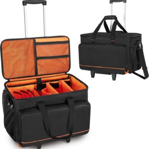 Trunab Rolling DJ Cable File Bag with Hard Padded Bottom,Detachable Dividers and Dolly,Travel Gig Bag for Professional DJ Gear, Musical Instrument and Accessories