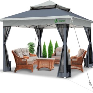VOUNOT® 3.6m x 3.6m Pop Up Gazebo with Mesh Sides, Garden Double Roof Marquee Party Tent with Leg Weights & Roller Bag, Grey
