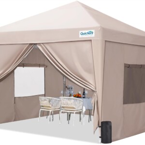 Quictent Pop Up Gazebo with 4 Sides, 3 x 3m waterproof Event Shelter Canopy with Mesh Windows & Carry Bag, 4 Sandbags, Folding Party Tent for Garden, Barbecues, Camping – Beige
