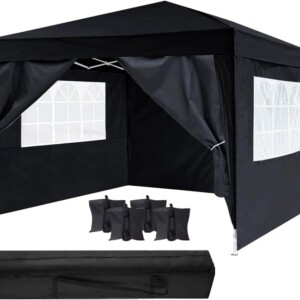 3m x 3m Waterproof Pop Up Gazebo – Pop Up Outdoor Garden Shelter with Sides for Wedding Party Tent Marquee | PVC Coated | Includes Carry Bag & 4 Leg Weight Bags – Water Resistant, Black
