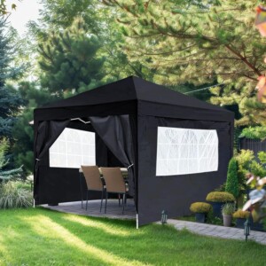 3m x 3m Waterproof Pop Up Gazebo – Pop Up Outdoor Garden Shelter with Sides for Wedding Party Tent Marquee | PVC Coated | Includes Carry Bag & 4 Leg Weight Bags – Water Resistant, Black